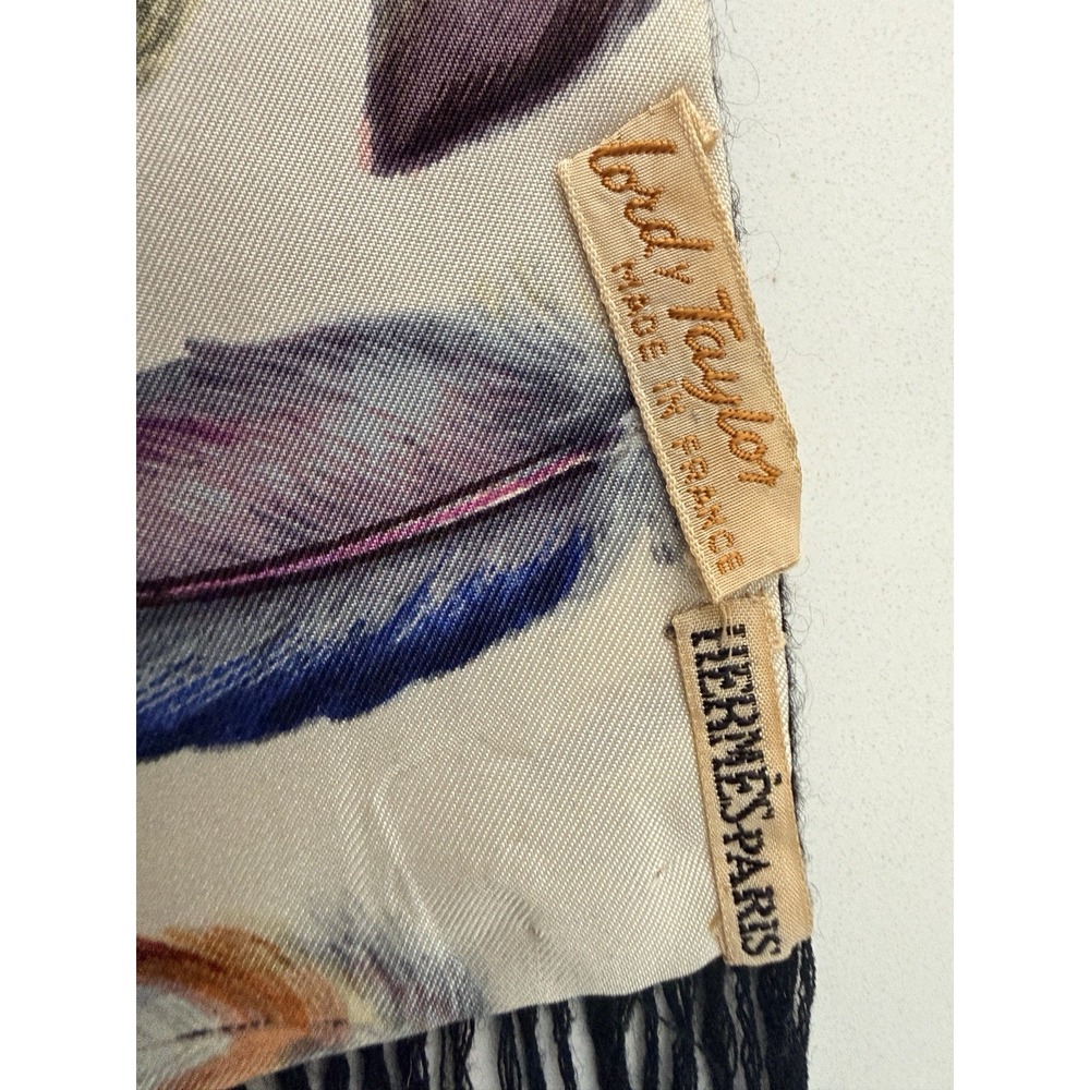 Hermès Feather Plume Print Silk & Cashmere Double-Sided Stole Scarf Vintage 90's - Picture 10 of 11